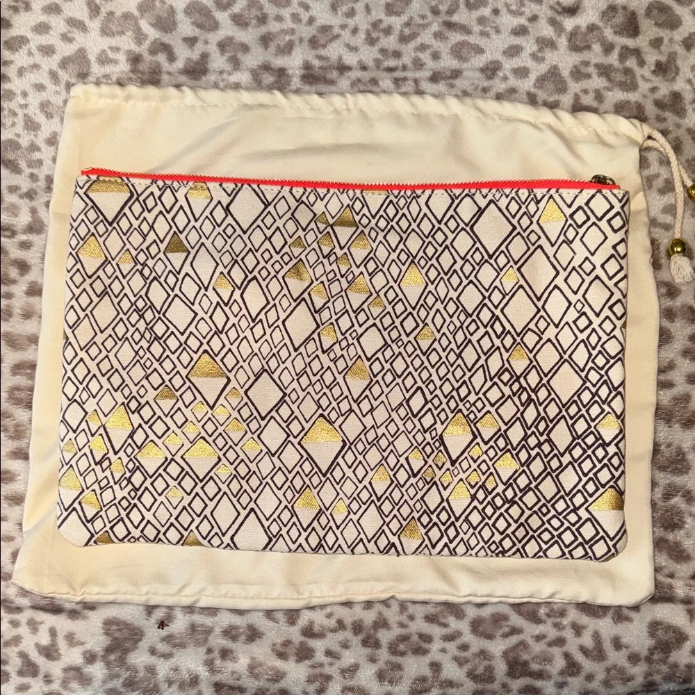 Deux Lux Cream Cosmetic Pouch with Gold Geometric Print and Coral Trim